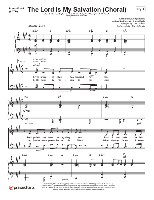 The Lord Is My Salvation (Choral Anthem SATB) Piano/Vocal Pack (Keith & Kristyn Getty / Arr. Luke Gambill)