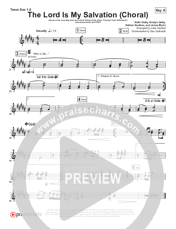 The Lord Is My Salvation (Choral Anthem SATB) Tenor Sax 1/2 (Keith & Kristyn Getty / Arr. Luke Gambill)