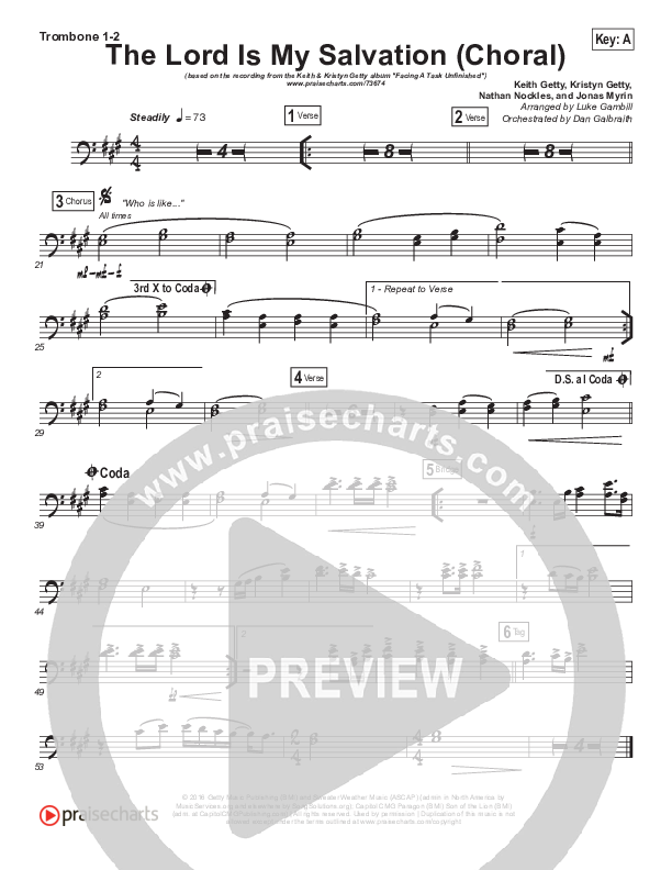 The Lord Is My Salvation (Choral Anthem SATB) Trombone 1/2 (Keith & Kristyn Getty / Arr. Luke Gambill)