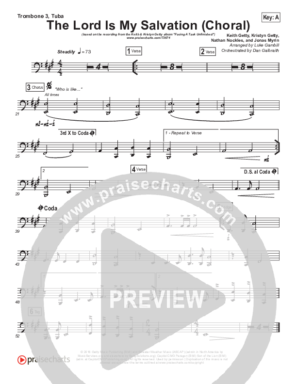 The Lord Is My Salvation (Choral Anthem SATB) Trombone 3/Tuba (Keith & Kristyn Getty / Arr. Luke Gambill)