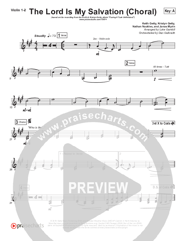 The Lord Is My Salvation (Choral Anthem SATB) Violin 1/2 (Keith & Kristyn Getty / Arr. Luke Gambill)