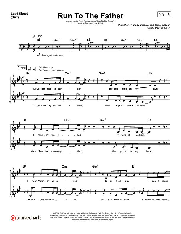 Run To The Father (Choral Anthem SATB) Lead Sheet (SAT) (Cody Carnes / Arr. Luke Gambill)