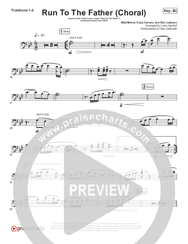 Run To The Father (Choral Anthem SATB) Trombone 1/2 (Cody Carnes / Arr. Luke Gambill)