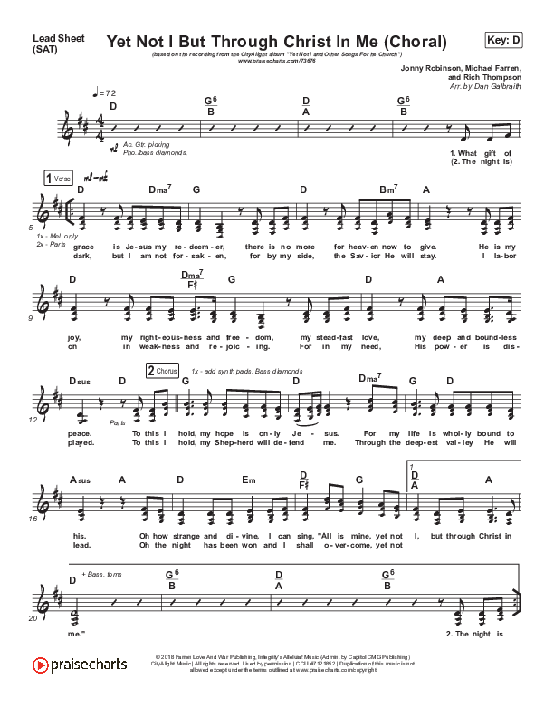 Yet Not I But Through Christ In Me (Choral Anthem SATB) Lead Sheet (SAT) (CityAlight / Arr. Luke Gambill)
