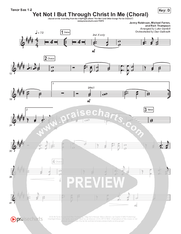 Yet Not I But Through Christ In Me (Choral Anthem SATB) Tenor Sax 1,2 (CityAlight / Arr. Luke Gambill)