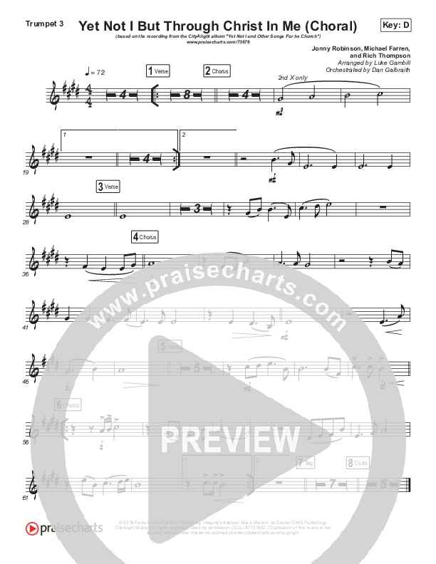 Yet Not I But Through Christ In Me (Choral Anthem SATB) Trumpet 3 (CityAlight / Arr. Luke Gambill)