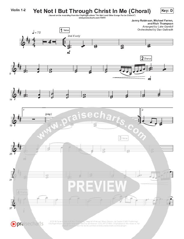 Yet Not I But Through Christ In Me (Choral Anthem SATB) Violin 1,2 (CityAlight / Arr. Luke Gambill)