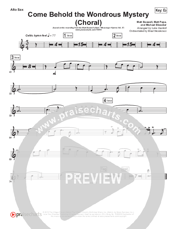 Come Behold The Wondrous Mystery (Choral Anthem SATB) Alto Sax (Matt Boswell / Arr. Luke Gambill)