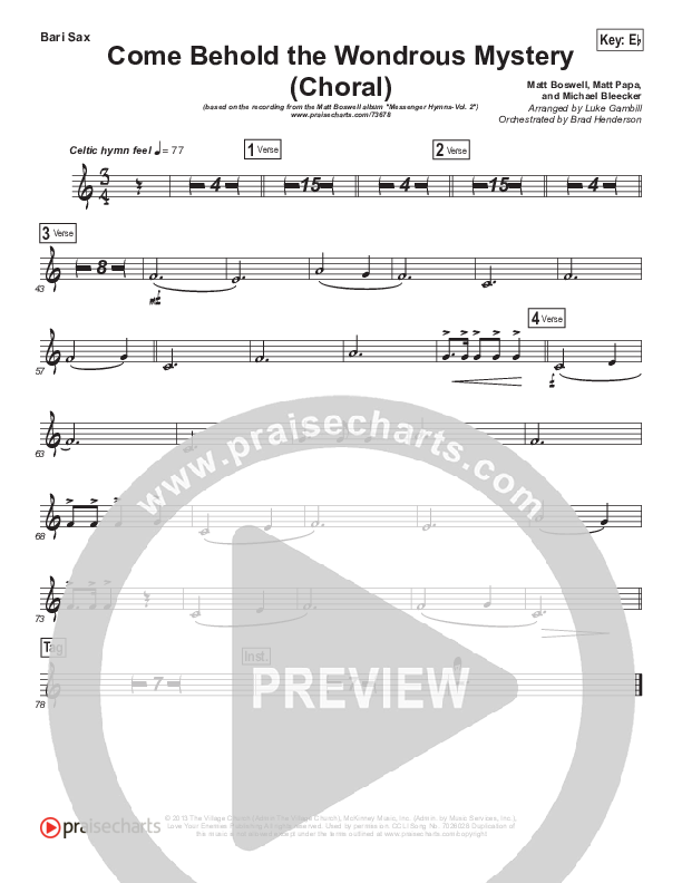 Come Behold The Wondrous Mystery (Choral Anthem SATB) Bari Sax (Matt Boswell / Arr. Luke Gambill)