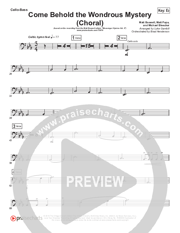 Come Behold The Wondrous Mystery (Choral Anthem SATB) Cello/Bass (Matt Boswell / Arr. Luke Gambill)