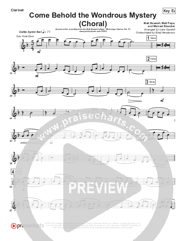 Come Behold The Wondrous Mystery (Choral Anthem SATB) Clarinet (Matt Boswell / Arr. Luke Gambill)