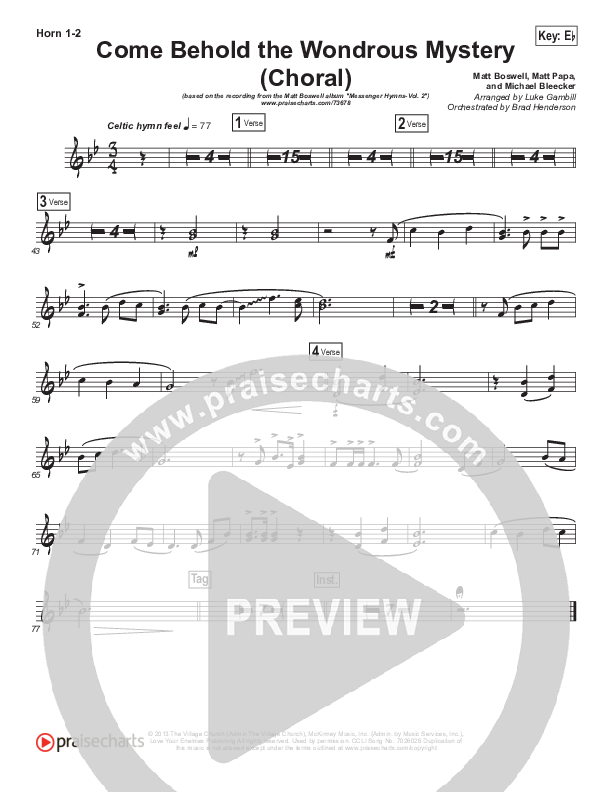 Come Behold The Wondrous Mystery (Choral Anthem SATB) French Horn 1/2 (Matt Boswell / Arr. Luke Gambill)