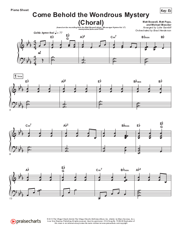 Come Behold The Wondrous Mystery (Choral Anthem SATB) Piano Sheet (Matt Boswell / Arr. Luke Gambill)