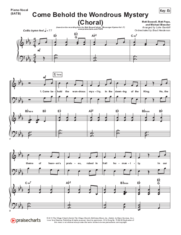 Come Behold The Wondrous Mystery (Choral Anthem SATB) Piano/Choir (SATB) (Matt Boswell / Arr. Luke Gambill)