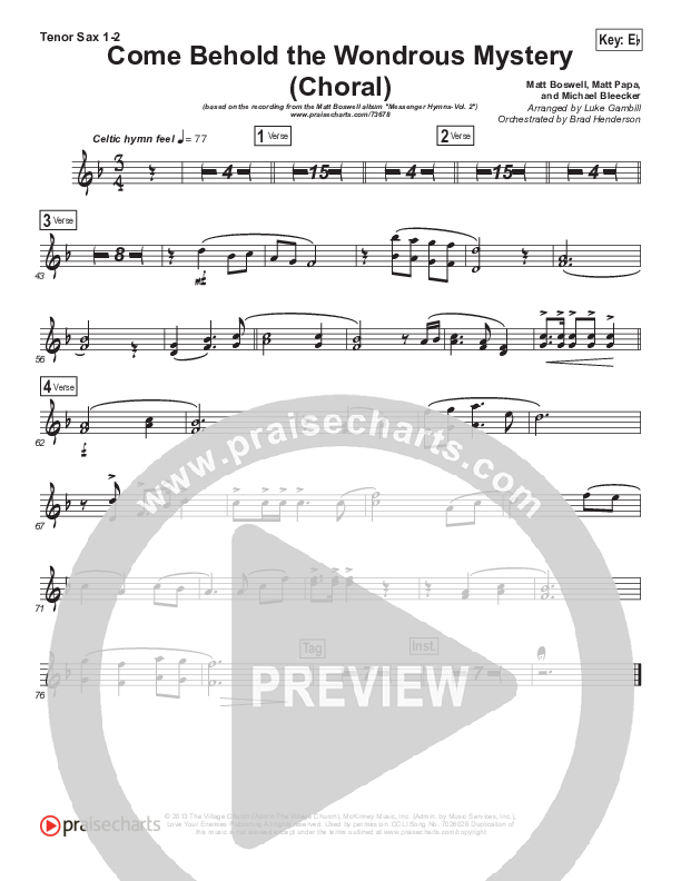 Come Behold The Wondrous Mystery (Choral Anthem SATB) Tenor Sax 1/2 (Matt Boswell / Arr. Luke Gambill)