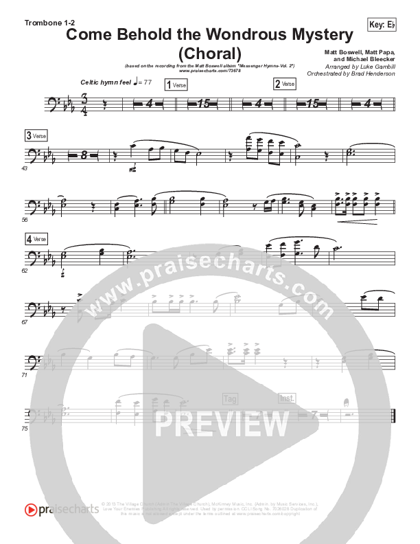 Come Behold The Wondrous Mystery (Choral Anthem SATB) Trombone 1/2 (Matt Boswell / Arr. Luke Gambill)