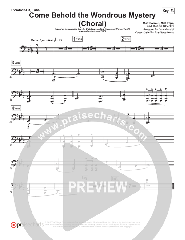 Come Behold The Wondrous Mystery (Choral Anthem SATB) Trombone 3/Tuba (Matt Boswell / Arr. Luke Gambill)