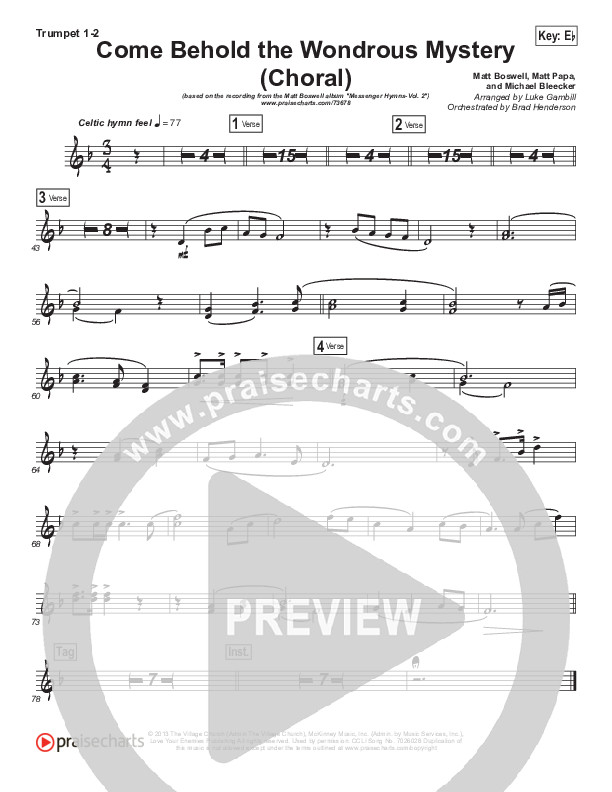 Come Behold The Wondrous Mystery (Choral Anthem SATB) Trumpet 1,2 (Matt Boswell / Arr. Luke Gambill)