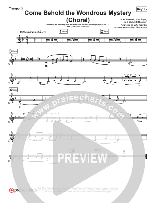 Come Behold The Wondrous Mystery (Choral Anthem SATB) Trumpet 3 (Matt Boswell / Arr. Luke Gambill)