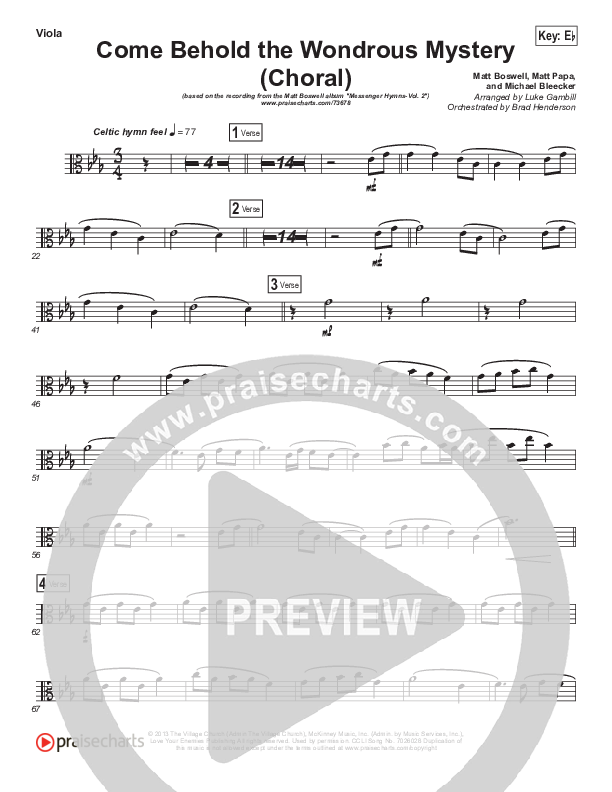 Come Behold The Wondrous Mystery (Choral Anthem SATB) Viola (Matt Boswell / Arr. Luke Gambill)