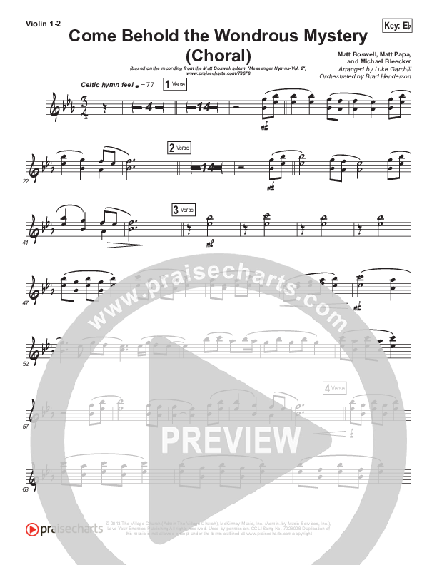 Come Behold The Wondrous Mystery (Choral Anthem SATB) Violin 1/2 (Matt Boswell / Arr. Luke Gambill)