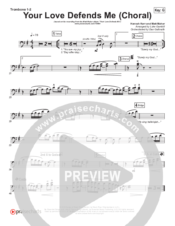 Your Love Defends Me (Choral Anthem SATB) Trombone 1/2 (Matt Maher / Arr. Luke Gambill)