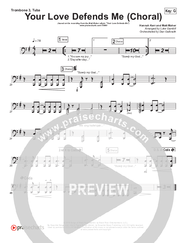 Your Love Defends Me (Choral Anthem SATB) Trombone 3/Tuba (Matt Maher / Arr. Luke Gambill)