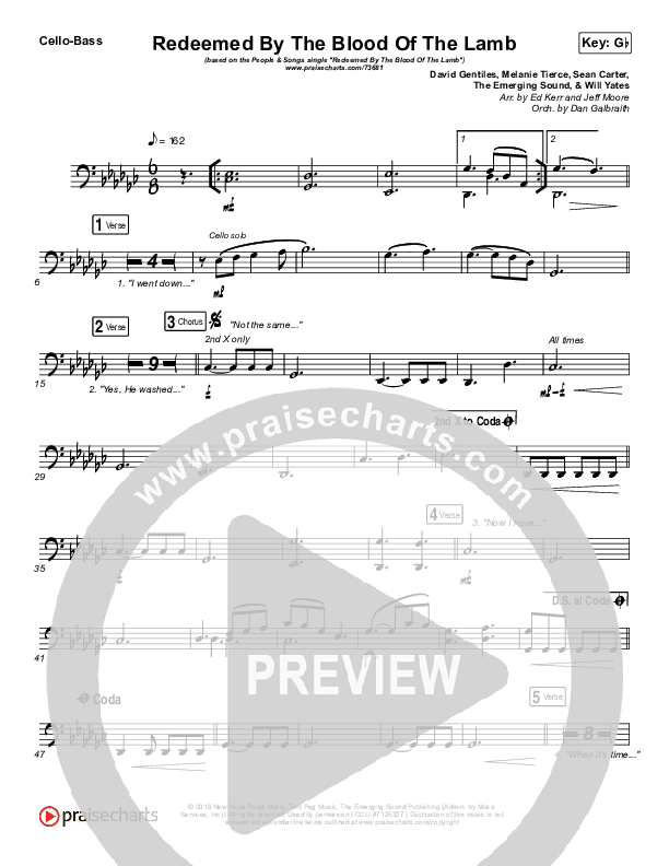 Redeemed By The Blood Of The Lamb Cello/Bass (People & Songs / Sean Carter / Melanie Tierce / David Gentiles)