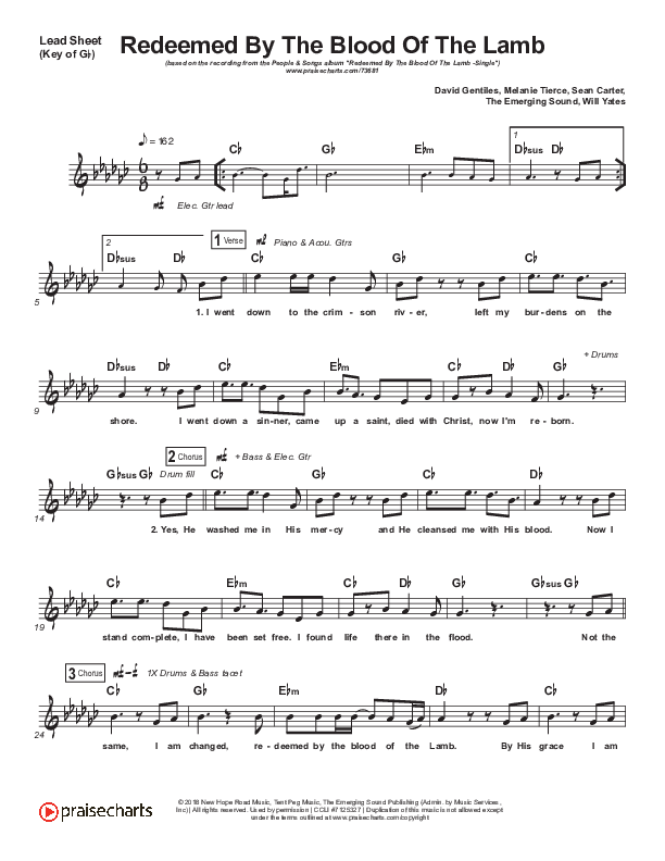 Redeemed By The Blood Of The Lamb Lead Sheet (Melody) (People & Songs / Sean Carter / Melanie Tierce / David Gentiles)