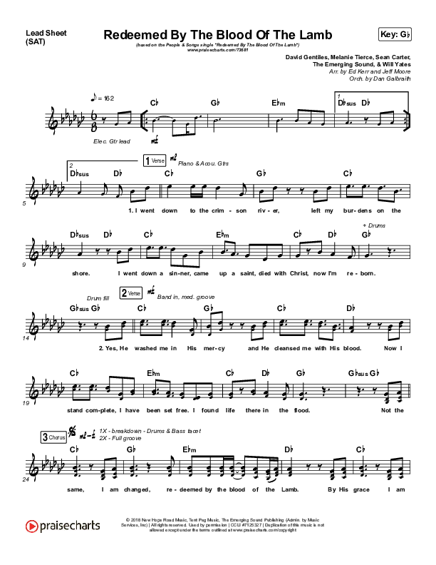 Redeemed By The Blood Of The Lamb Lead Sheet (SAT) (People & Songs / Sean Carter / Melanie Tierce / David Gentiles)