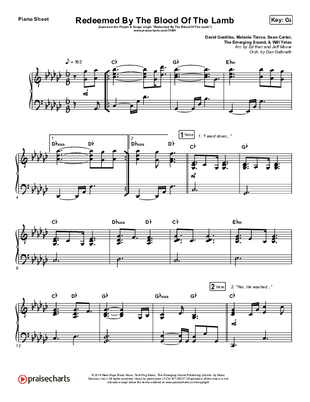 Redeemed By The Blood Of The Lamb Piano Sheet (People & Songs / Sean Carter / Melanie Tierce / David Gentiles)