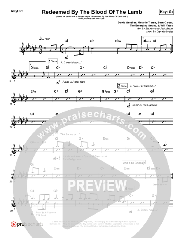 Redeemed By The Blood Of The Lamb Rhythm Chart (People & Songs / Sean Carter / Melanie Tierce / David Gentiles)