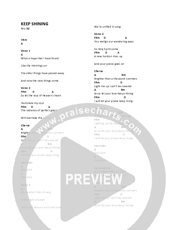 Keep Shining Chords & Lyrics (Lifepoint Worship)