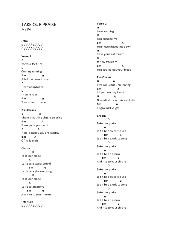 Take Our Praise Chords & Lyrics (Lifepoint Worship)