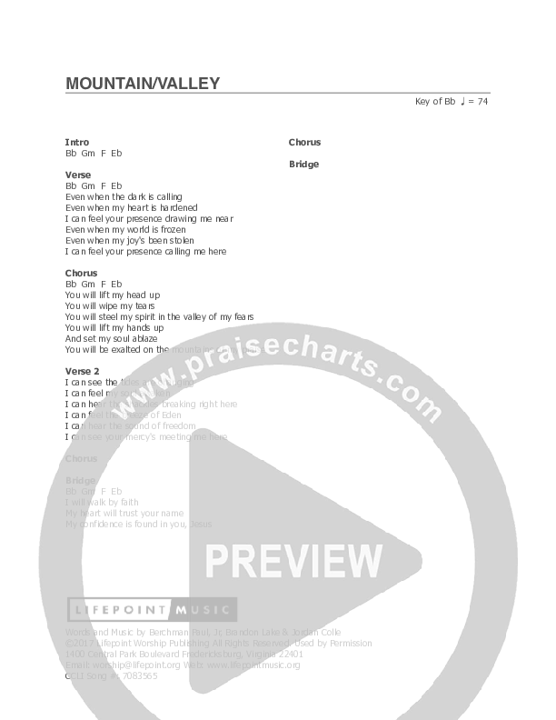 Mountain/Valley Chords & Lyrics (Lifepoint Worship)