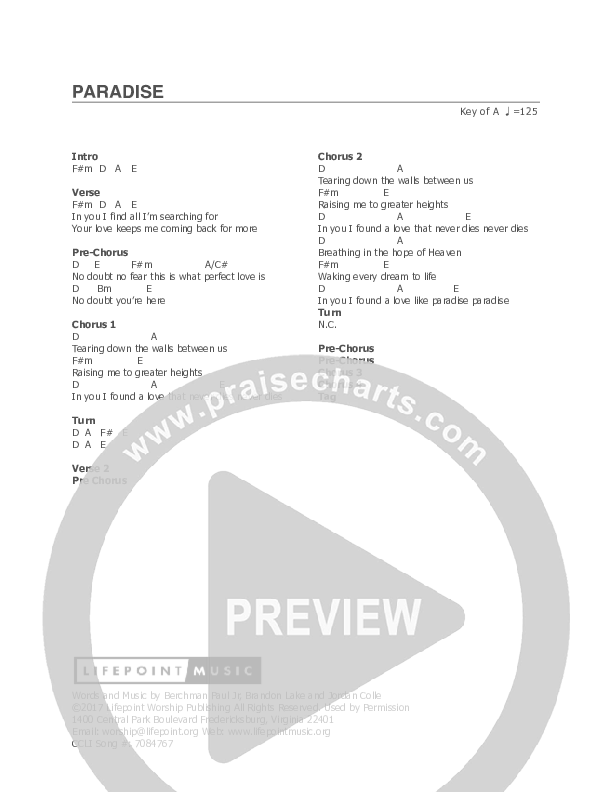 Paradise Chords & Lyrics (Lifepoint Worship)
