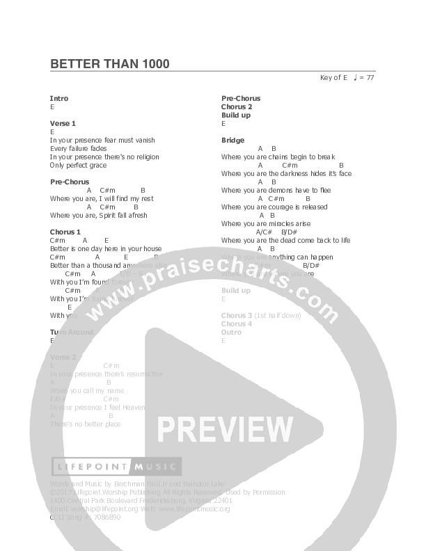 Better Than 1000 Chords & Lyrics (Lifepoint Worship)