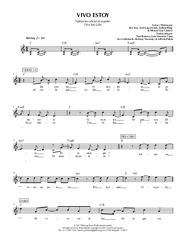 Vivo Estyo (You Are Life) Lead Sheet (Hillsong en Espanol / Hillsong Worship)