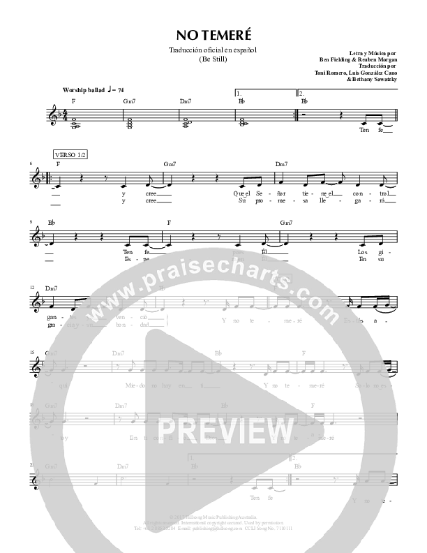 No Temere (Be Still) Lead Sheet (Hillsong en Espanol / Hillsong Worship)