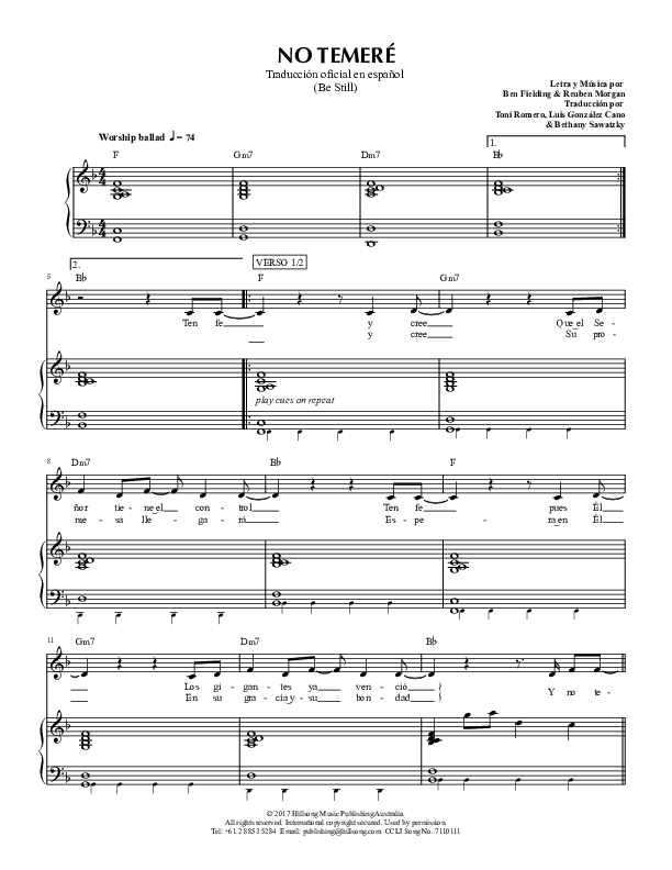 No Temere (Be Still) Piano/Vocal (Hillsong en Espanol / Hillsong Worship)