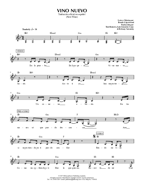 Vino Nuevo (New Wine) Lead Sheet (Hillsong en Espanol / Hillsong Worship)