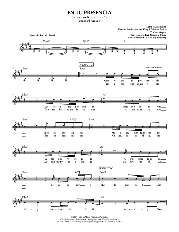 En Tu Presencia (Touch Of Heaven) Lead Sheet (Hillsong en Espanol / Hillsong Worship)