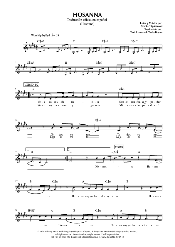 Hosanna (Hosanna) Lead Sheet (Hillsong en Espanol / Hillsong Worship)