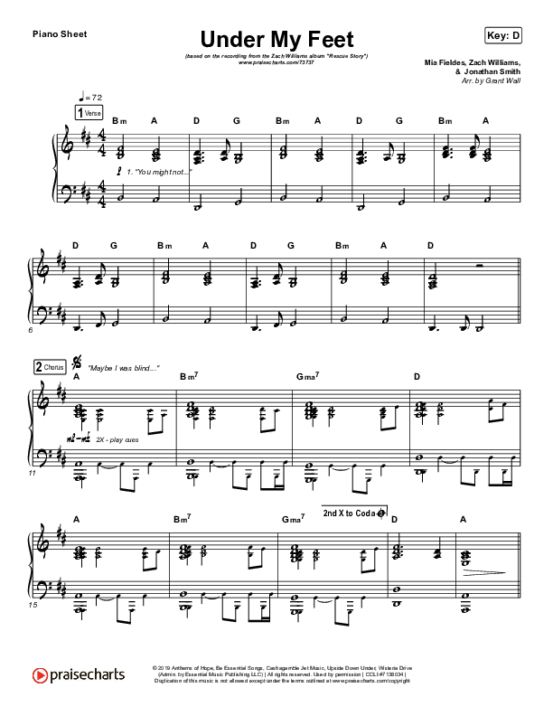 Under My Feet Piano Sheet (Zach Williams)