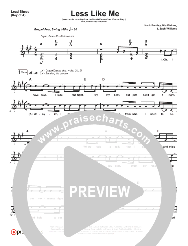 Less Like Me Sheet Music Pdf Zach Williams Praisecharts
