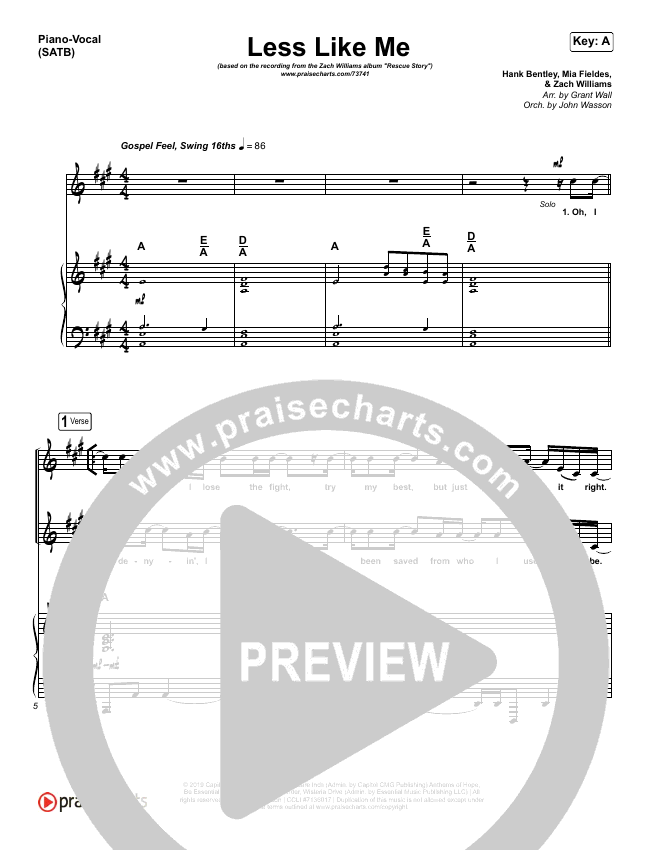 Less Like Me Sheet Music Pdf Zach Williams Praisecharts