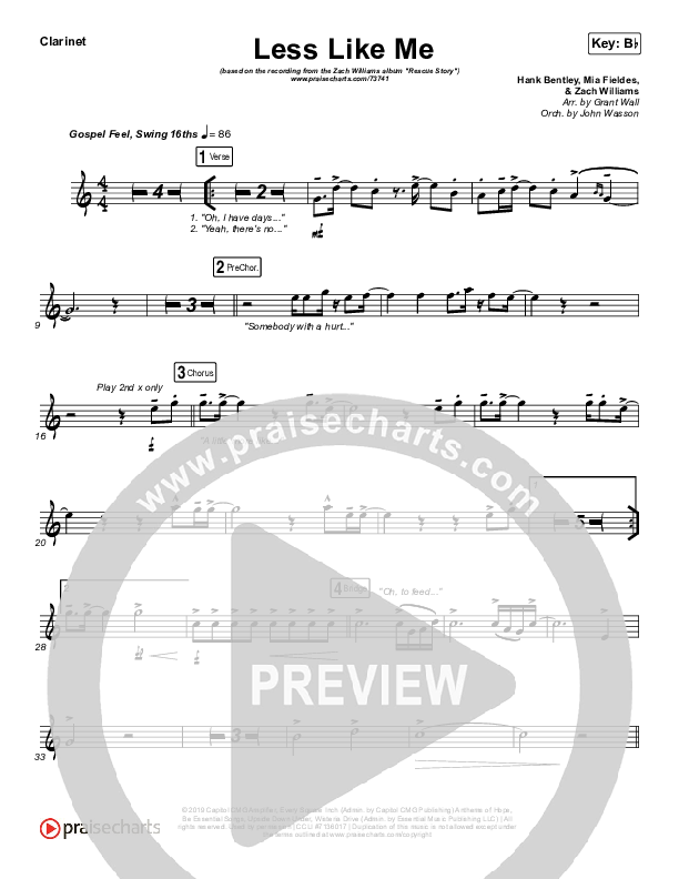 Less Like Me Clarinet (Zach Williams)