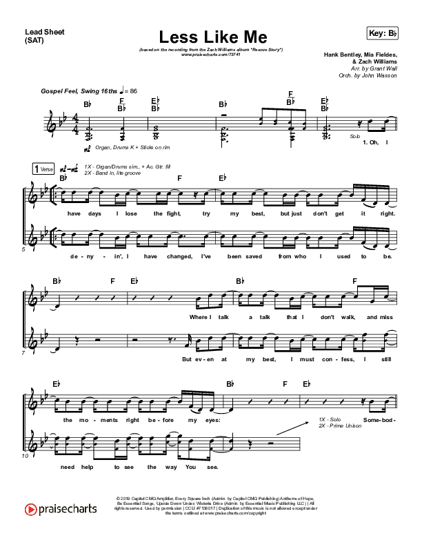 Less Like Me Lead Sheet (SAT) (Zach Williams)