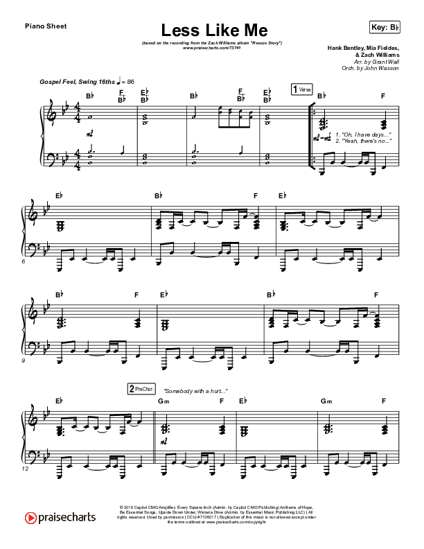 Less Like Me Piano Sheet (Zach Williams)