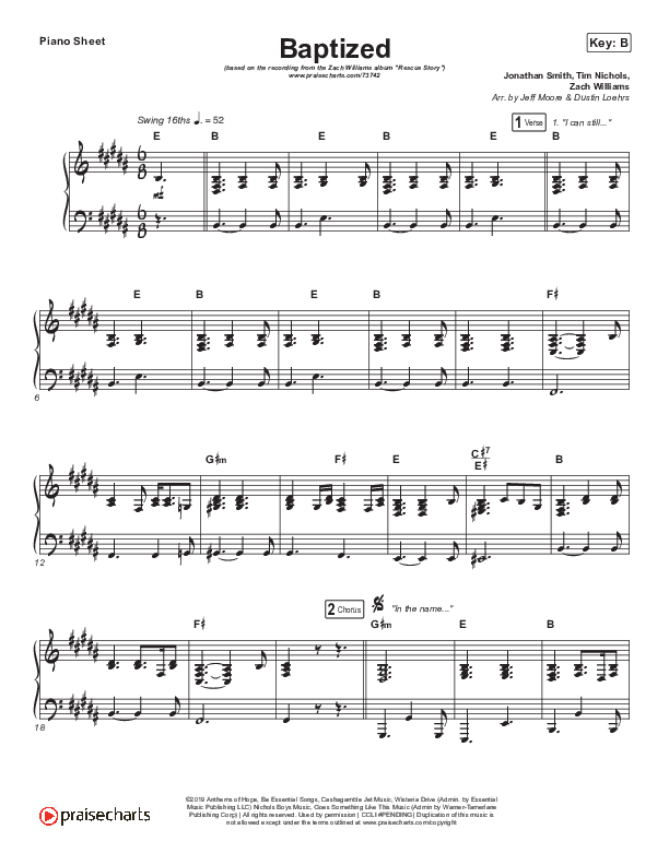 Baptized Piano Sheet (Zach Williams)